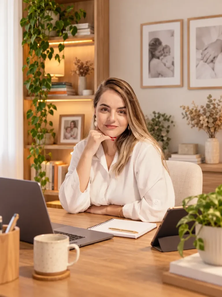 Bruna Lorencini preparando conteúdo sobre sono e rotina infantil